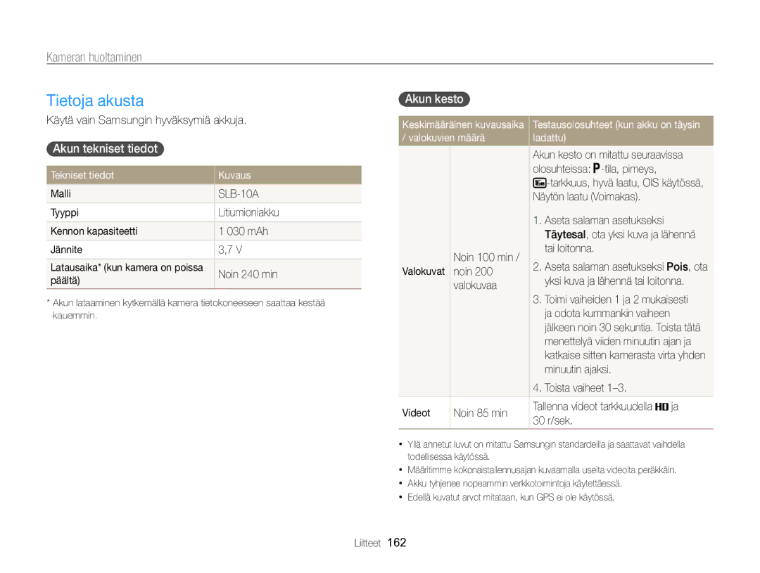 Samsung EC-WB850FBPBE2 manual Tietoja akusta, Akun tekniset tiedot , Akun kesto , Tekniset tiedot Kuvaus 